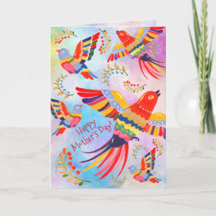 Cheerful Colourful Folk Birds Tie Dye Mother's Day Card