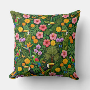 Cheerful Colourful Jungle Birds Tropical Flowers Cushion