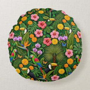 Cheerful Colourful Jungle Birds Tropical Flowers Round Cushion