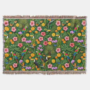 Cheerful Colourful Jungle Birds Tropical Flowers Throw Blanket
