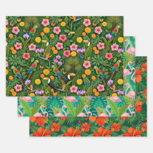 Cheerful Colourful Jungle Birds Tropical Flowers Wrapping Paper Sheet