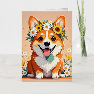 Cheerful corgi dog crown of daisies and sunflowers foil greeting card