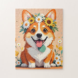 Cheerful corgi dog crown of daisies and sunflowers jigsaw puzzle