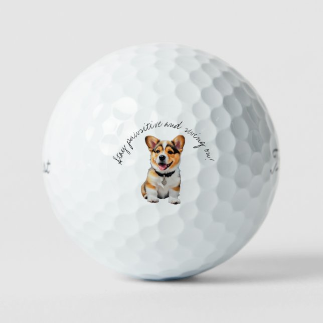 Cheerful Corgi 'Stay Pawsitive and Swing On!' Fun Golf Balls (Front)