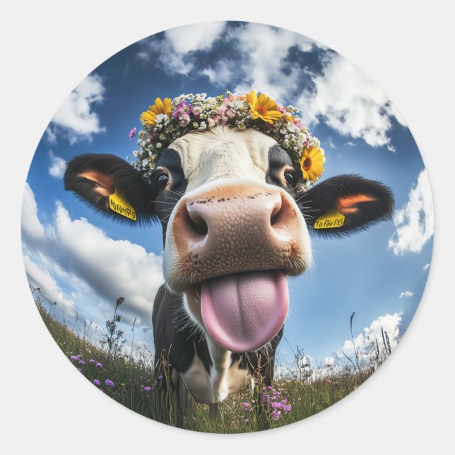 Cheerful Cow in Bloom Classic Round Sticker (Front)
