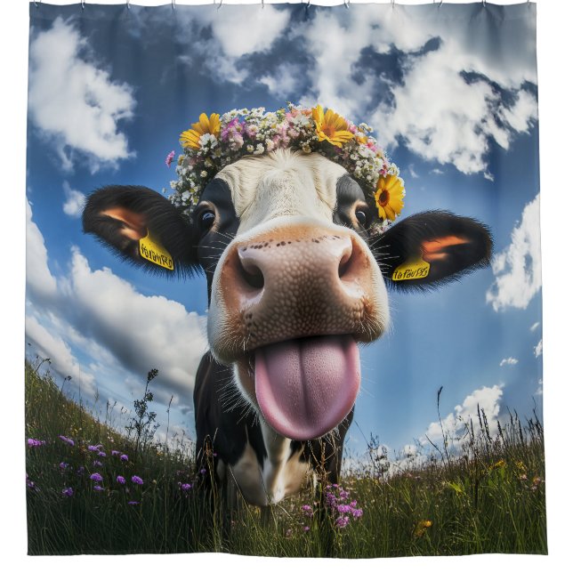 Cheerful Cow in Bloom Shower Curtain (Front)