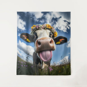 Cheerful Cow in Bloom Tapestry