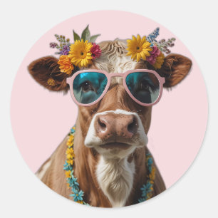 Cheerful Cow With Sunglasses  Classic Round Sticker