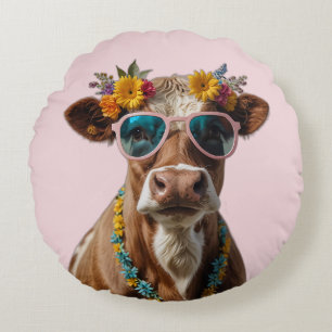 Cheerful Cow With Sunglasses Round Cushion
