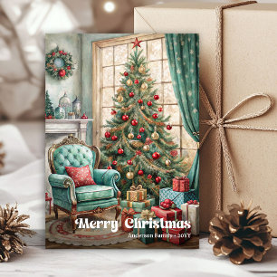 Cheerful cozy Christmas interior rustic red green Holiday Card