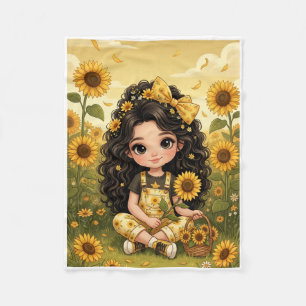 Cheerful Curly Haired Girl Amidst Sunflowers Fleec Fleece Blanket