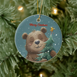 Cheerful Cute Bear Hugging Christmas Tree Ceramic Tree Decoration