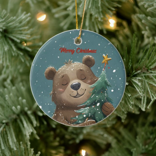 Cheerful Cute Bear Hugging Christmas Tree Ceramic Tree Decoration (Tree)