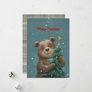 Cheerful Cute Bear Hugging Christmas Tree Holiday Card