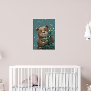 Cheerful Cute Bear Hugging Christmas Tree Poster