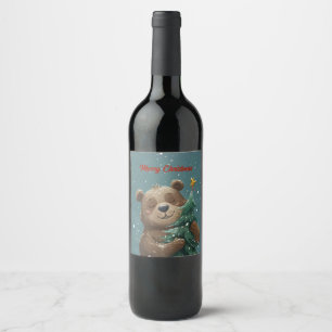 Cheerful Cute Bear Hugging Christmas Tree Wine Label
