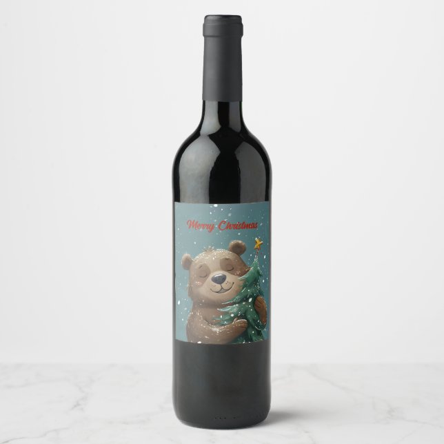 Cheerful Cute Bear Hugging Christmas Tree Wine Label (Front)