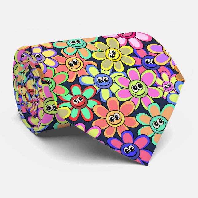 Cheerful Cute Cartoon Smiling Happy Summer Flowers Tie (Rolled)