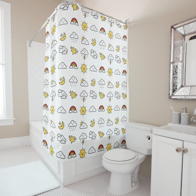 Cheerful Cute Weather Icon Pattern Shower Curtain (In Situ)