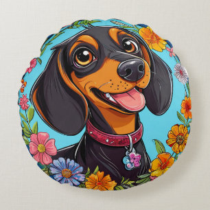 Cheerful Dachshund Surrounded by Colourful Flowers Round Cushion