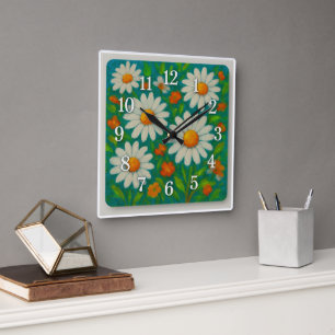 Cheerful Daisies and Wildflowers Square Wall Clock