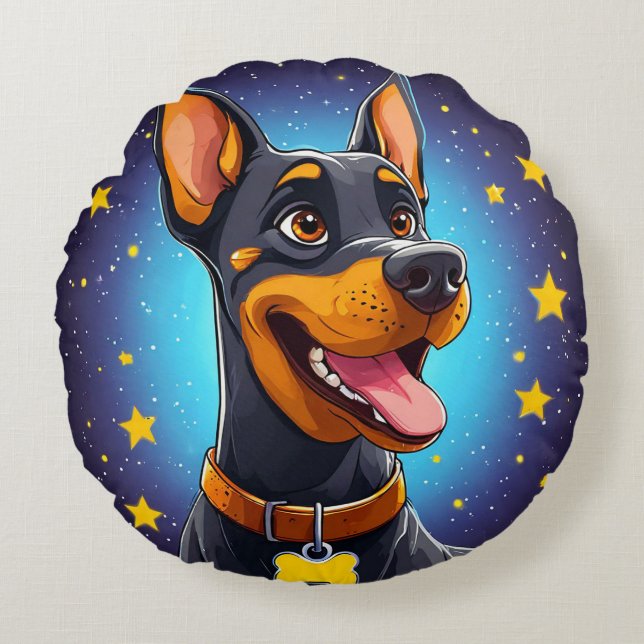 Cheerful Doberman Illustration Round Cushion (Front)