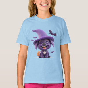 Cheerful Dog Dressed as Witch Amid Halloween T-Shirt