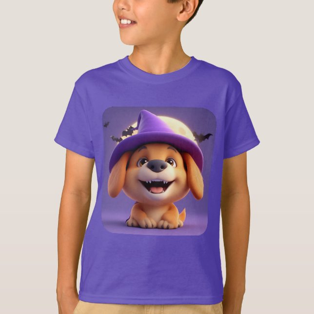 Cheerful Dog Dressed as Witch Hat T-Shirt (Front)