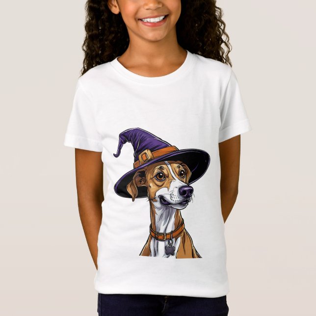 Cheerful Dog Wearing a Witch Hat T-Shirt (Front)