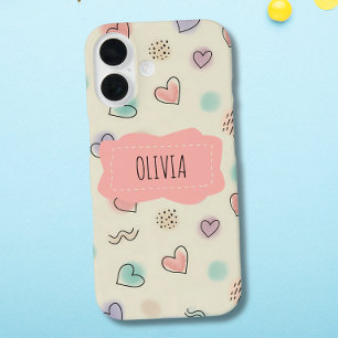 Cheerful Doodles of Hearts, Dots and Wavy Lines iPhone 16 Case