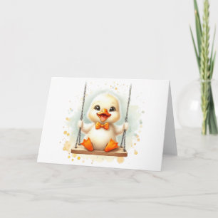 Cheerful Duckling on a Swing Watercolor Blank  Card