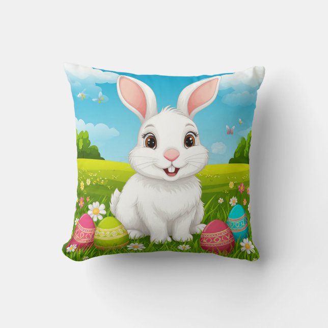 Cheerful Easter Bunny in Meadow with Colourful Egg Cushion (Front)