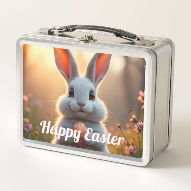 Cheerful Easter Bunny in the Magic of Spring Metal Lunch Box (Front)