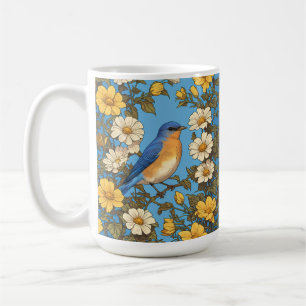 Cheerful Eastern Bluebird Yellow and White Flowers Coffee Mug