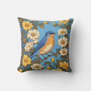 Cheerful Eastern Bluebird Yellow and White Flowers Cushion