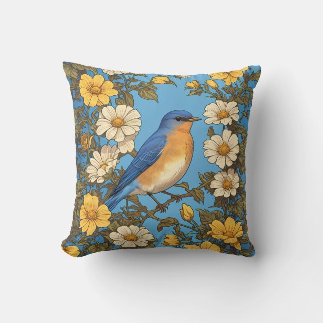 Cheerful Eastern Bluebird Yellow and White Flowers Cushion (Front)
