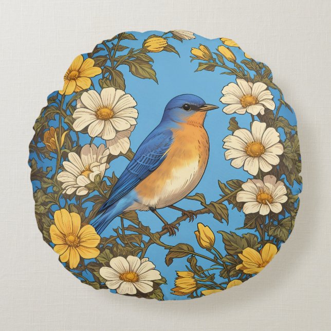 Cheerful Eastern Bluebird Yellow and White Flowers Round Cushion (Front)