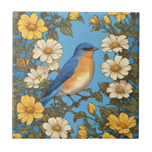 Cheerful Eastern Bluebird Yellow and White Flowers Tile