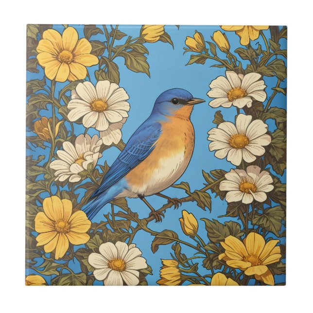 Cheerful Eastern Bluebird Yellow and White Flowers Tile (Front)