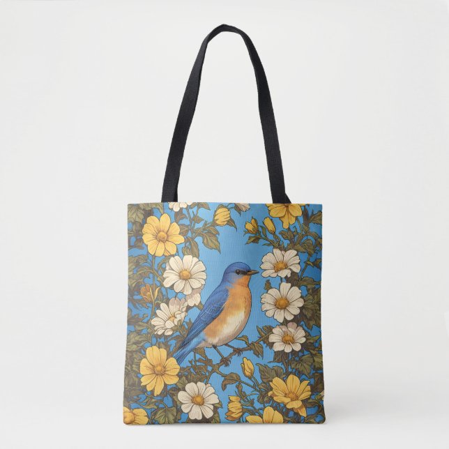 Cheerful Eastern Bluebird Yellow and White Flowers Tote Bag (Front)