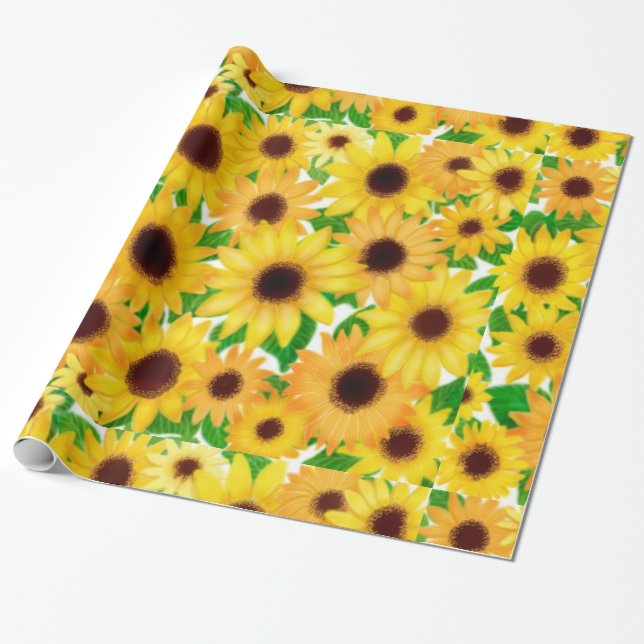 Cheerful European Sunflowers Wrapping Paper (Unrolled)