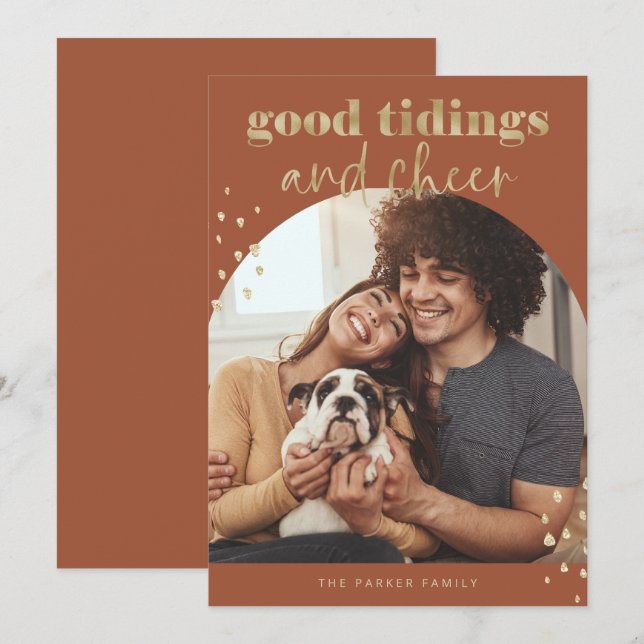 Cheerful Faux Gold | One Photo Arch Christmas Holiday Card (Front/Back)