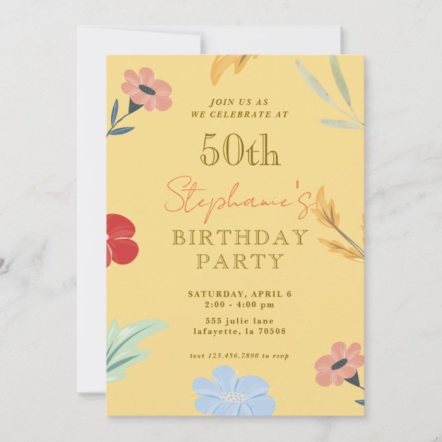 Cheerful Floral 50th Birthday invitations (Front)