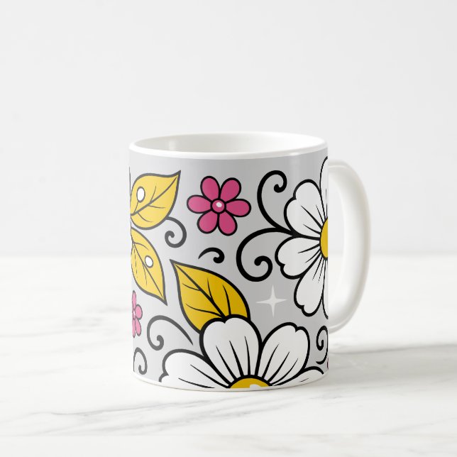 Cheerful Floral Pattern with Bold Outlines Coffee Mug (Front Right)