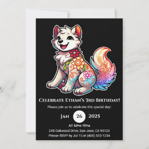 Cheerful Floral Wolf Birthday Invitation