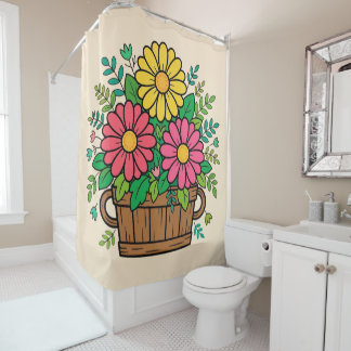 Cheerful Floral Wooden Planter Retro Shower Curtain