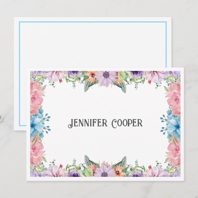 Cheerful Flower Border Custom Name Note Card (Front/Back)