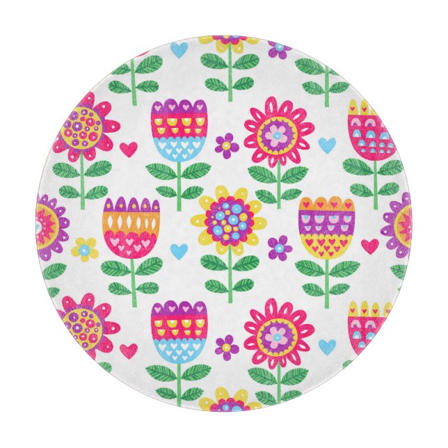 Cheerful Flowers Vintage Colourful Pattern Cutting Board (Front)