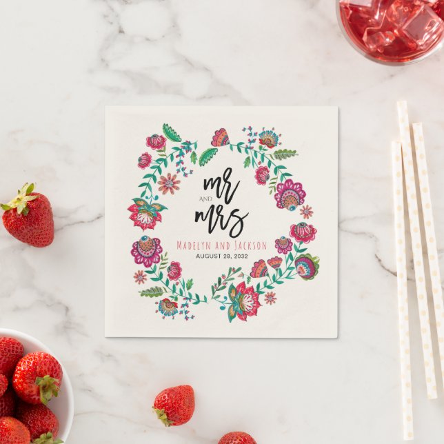 cheerful folk flowers multicolor wedding paper pla napkin (Insitu)