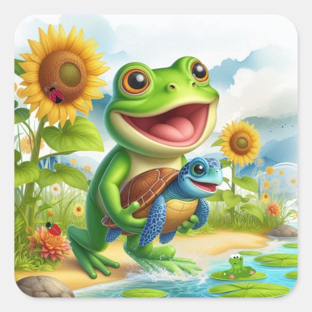 Cheerful Frog and Sea Turtle Scene Square Sticker (Front)